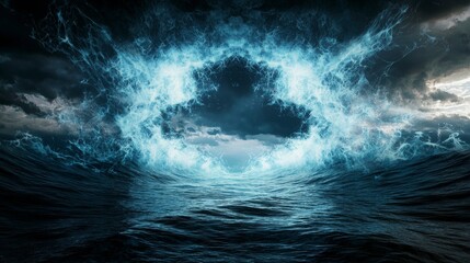 Poster - Turbulent waves collide with sky oceanic event dynamic environment dramatic perspective concept of nonexistence
