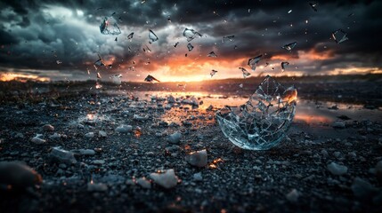 Aufkleber - Shattered glass reflections isolated landscape surreal photography dramatic sunset low angle emotions of solitude