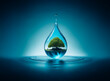 © joeycheung - A clear water drop reflects a vibrant green tree, symbolizing nature's essence and purity. The pristine droplet sits on a serene blue water surface, representing life and environment.