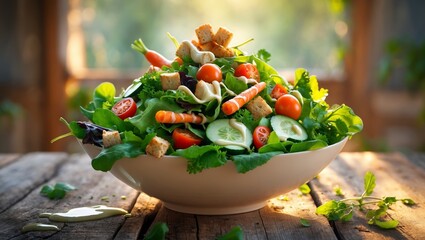 Wall Mural - Freshly prepared colorful salad featuring greens, vegetables, and croutons at a rustic wooden table in daylight