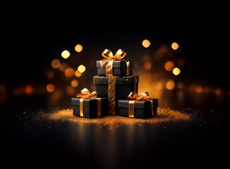 Sticker - elegant black gift boxes adorned with golden ribbons, set against a dark backdrop with bokeh lights.