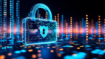 Closeup of binary code and glowing network representing cybersecurity