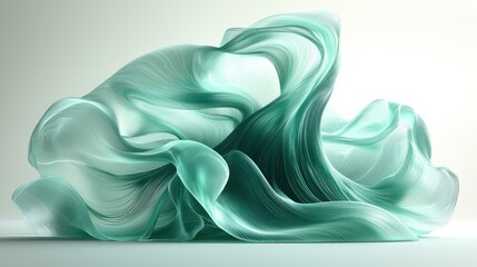 Wall Mural - Abstract flowing fabric-like sculpture in soft green hues against a light background