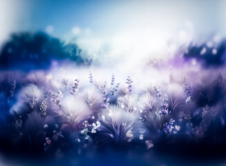 Sticker - a serene field of lavender-like flowers in shades of purple and blue gently sways under a bright, so