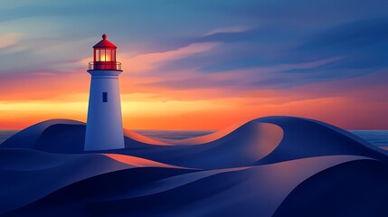 Canvas Print - Sunset over ocean with lighthouse on sand dunes.