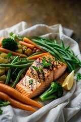 Wall Mural - Delicious grilled salmon fillet served with fresh vegetables on a rustic table during a cozy meal