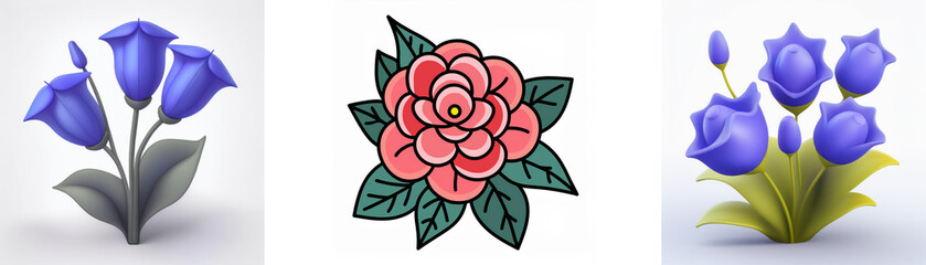 Wall Mural - three flower images: two blue bell-shaped blooms and one pink rose with green leaves, all isolated a