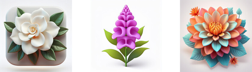 Wall Mural - three floral illustrations showcase a white blossom on a square, a purple bell-shaped flower, and a 