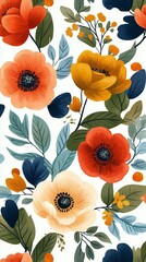 Wall Mural - Colorful floral pattern featuring various flowers and leaves on a light background