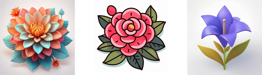 Wall Mural - three stylized flowers are shown against a white background. the first is a layered flower with oran