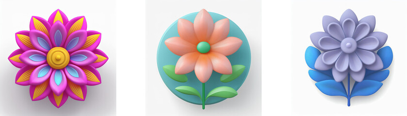 Wall Mural - three flower designs in pink, orange, and blue hues. each flower displays a unique petal arrangement