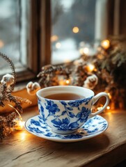 Wall Mural - Blue and White Cup and Saucer on Window Sill