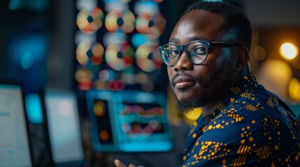 Leinwandbilder - A data analyst engages with multiple digital screens displaying various charts and graphs, analyzing data trends in a contemporary office environment illuminated by soft lighting.