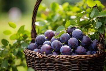 Wall Mural - Fresh Damson Plum fruit in a basket