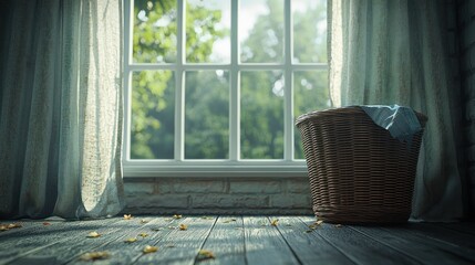 Wall Mural - Sunlight streaming through a window illuminating a cozy room with a basket