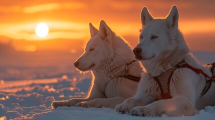 Poster - Two beautiful sled dogs lay peacefully on a blanket of snow as the vibrant hues of sunset, create a stunning backdrop in a northern wilderness.
