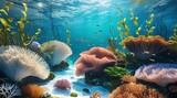 Beautiful view of under water with corals plans and rocks