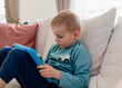 © Elena - a 4-year-old boy sits on the sofa at home with a tablet. High quality photo