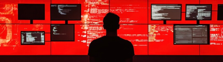 Silhouette of a programmer facing a wall of red code screens.