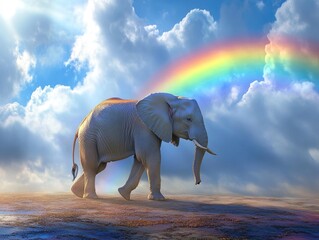 Wall Mural - Elephant in Field with Rainbow