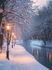 Wall Mural - street light by river in snow