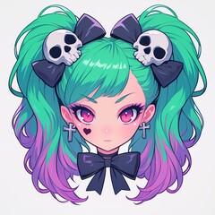 Wall Mural - anime style sticker portrait girl with green purple hair and skulls on bow on white background