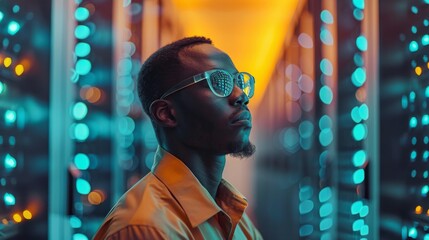 Poster - A young man dressed in a vibrant shirt stands confidently in a futuristic server room. Colorful lights create a dynamic atmosphere as he contemplates the impact of technology.