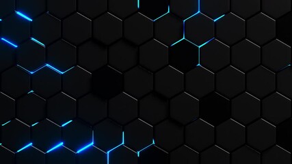 Moving hexagons illuminated in blue light. Infinitely looped animation