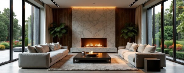 Wall Mural - Elegant contemporary living room, plush seating, cozy fireplace, house, modern