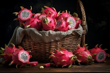 Wall Mural - Fresh Dragon Fruits in a basket. Dragon Fruit fruit