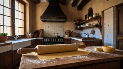 Wall Mural - Homemade pasta preparation in a rustic kitchen with a rolling pin and fresh dough