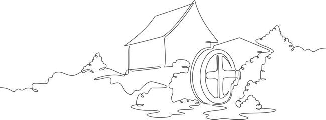  Continuous one line drawing water mill.An old mill on the river. One continuous line isolated minimal illustration.Not AI.