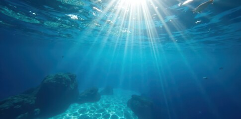 Wall Mural - deep blue surface, sunlight filters down, serene underwater view, dark, blue