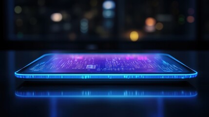 Futuristic tablet displays code, city night background