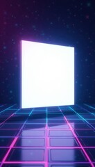 Wall Mural - Floating white square, glowing neon grid backdrop, technology, reality, background