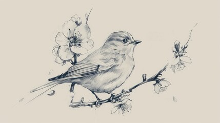 Wall Mural - A simple pencil drawing of a small bird on a branch with flowers