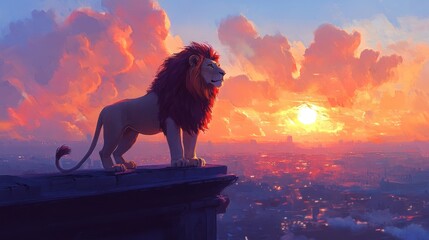 Canvas Print - Majestic lion sunset cityscape, powerful king overlooking city lights