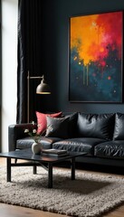 Wall Mural - Black leather sectional, glass top coffee table, abstract art, textured rug , sectional sofa, wall