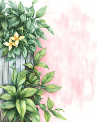 Wall Mural - A vibrant illustration of lush green leaves and delicate yellow flowers against a soft pink background, perfect for adding a touch of nature to various creative projects.