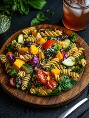 Wall Mural - Colorful pasta salad with vegetables and feta on a dining table.