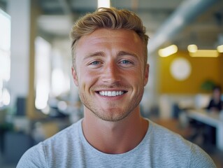 Smiling man in office environment.