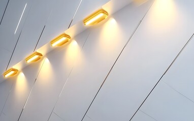 A diagonal white wall illuminated by six golden-yellow spotlights in a futuristic gallery with smooth white tiles and reflective edges.