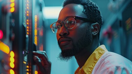 Leinwandbilder - A technician is intently observing a control panel filled with glowing lights and switches. The workspace is illuminated in hues of blue and orange, creating a vibrant atmosphere during the evening.