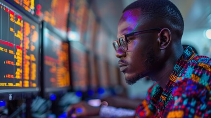 Aufkleber - A dedicated individual wearing glasses concentrates intently on financial data displayed across several monitors, surrounded by a high tech workspace illuminated by screen lights.