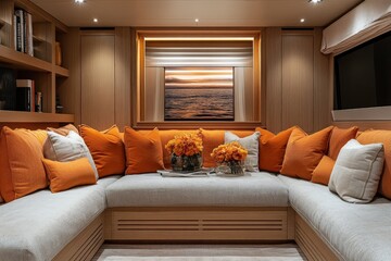 Poster - Cozy seating area with vibrant orange cushions and floral arrangement near a picturesque ocean view