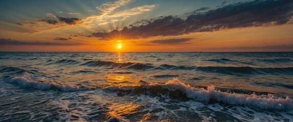 Canvas Print - Sunset over the ocean with golden light reflecting on the water and waves gently crashing on the shore Copy Space