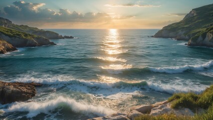 Canvas Print - Sunset over calm ocean waves reflecting light along rocky coastline with green hills and dramatic sky in background Copy Space