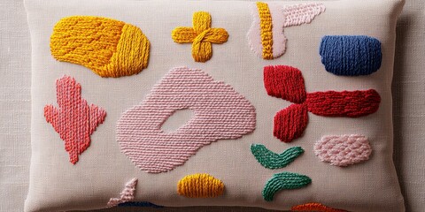 handicrafts embroidery skill concept. Colorful embroidered pillow with abstract designs on a textured background.