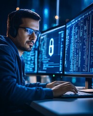 Focused Developer Engaged in Coding at a Modern Desk with Multiple Screens