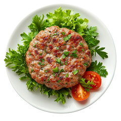 Wall Mural - Delicious grilled meat patty served on bed of fresh greens with cherry tomatoes, showcasing vibrant and appetizing meal